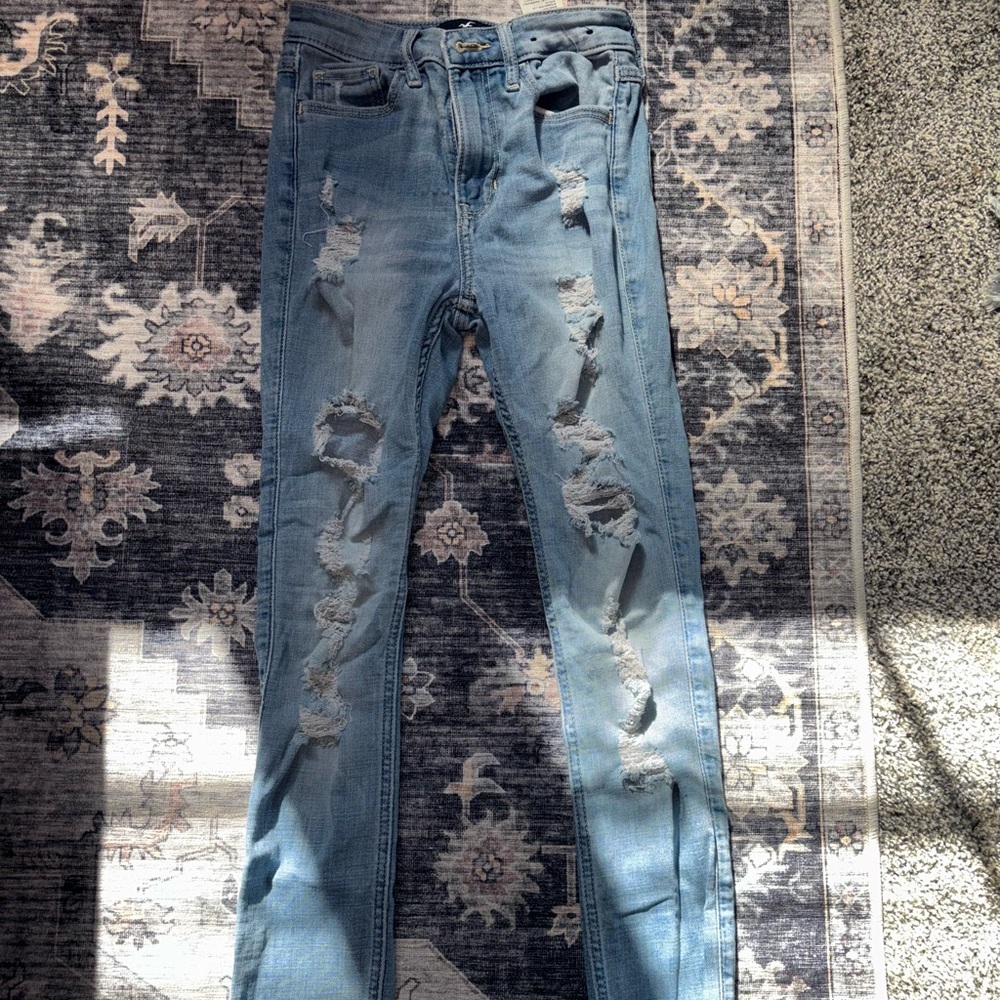Hollister Women's Distressed Skinny Jeans - Light Blue